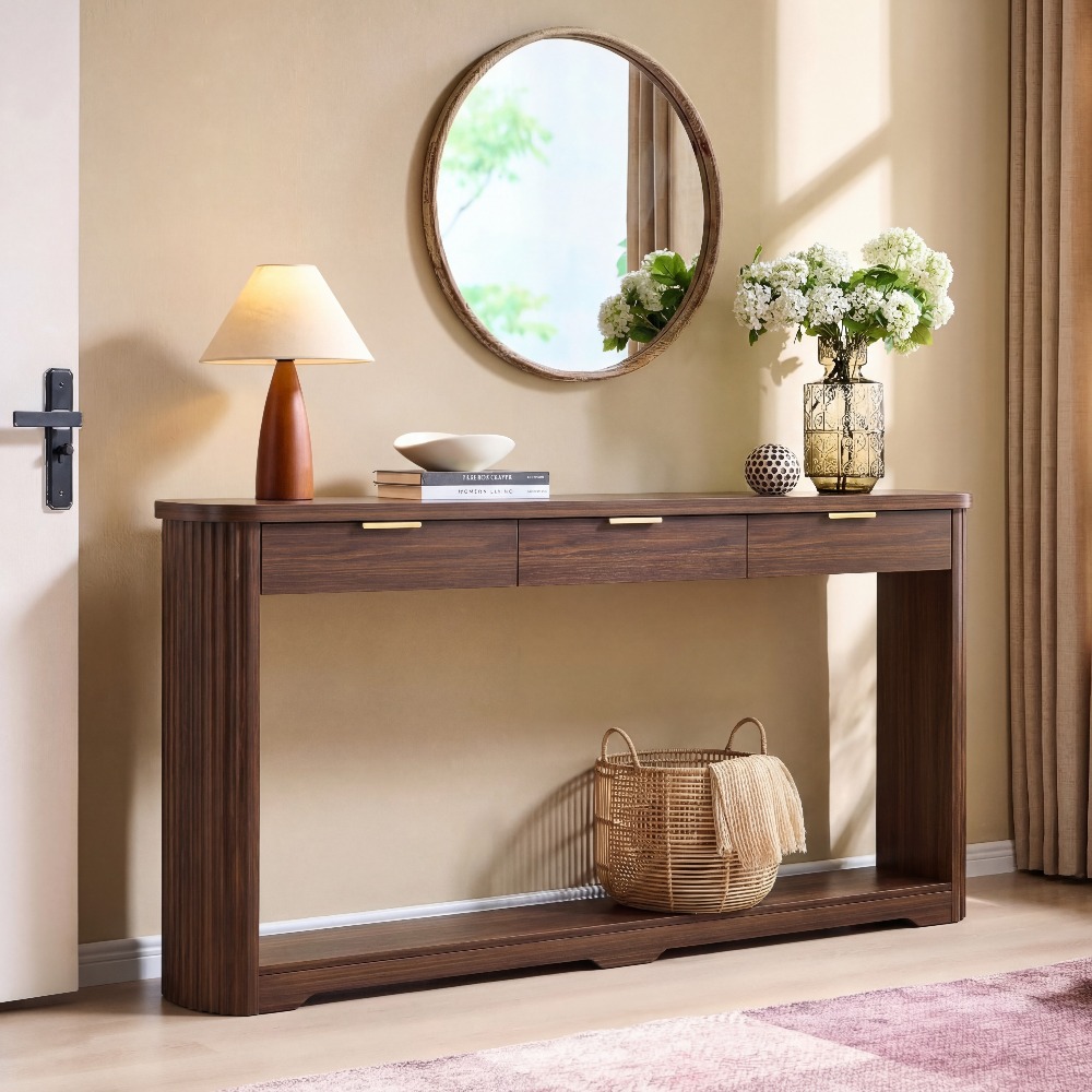 Andehomy 70-Inch Fluted Console Table with 3 Drawers