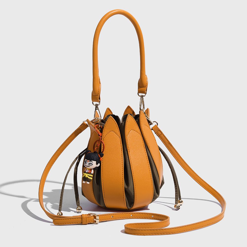 German- Petal Stitching Drawstring Handbag, Soft Three-dimensional Pumpkin Shape Small Bag, Handbag And Crossbody Dual-, Shopping And Commuting Storage Portable Accessory Bag.