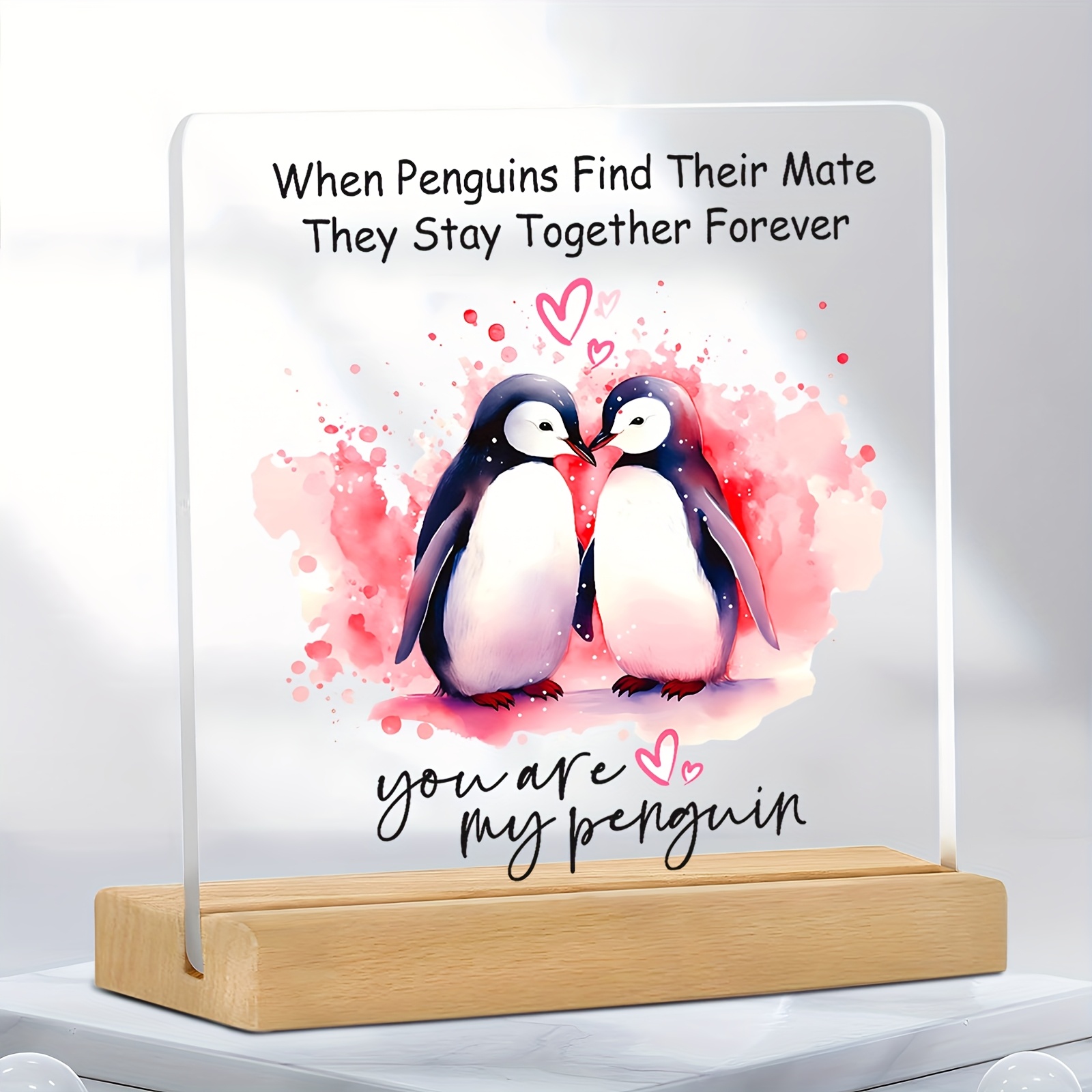 TEMU 2d Flat, "you Are My Penguin" Couple Plaque - Romantic Penguin , Pastel Watercolor Background, Battery-free Anniversary, Valentine's Day,