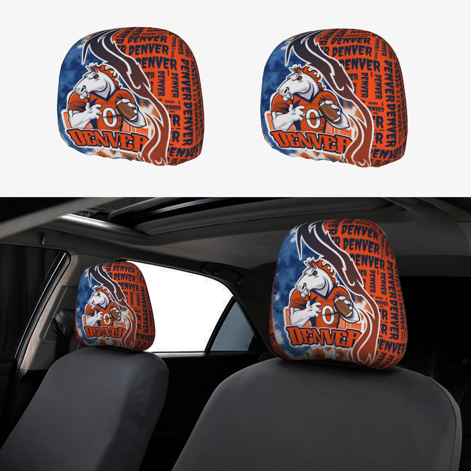 Fan Themed Car Headrest Covers 2 Pack, Full-print Stretchy Fabric, Universal Interior Protectors, Sports Car Decor