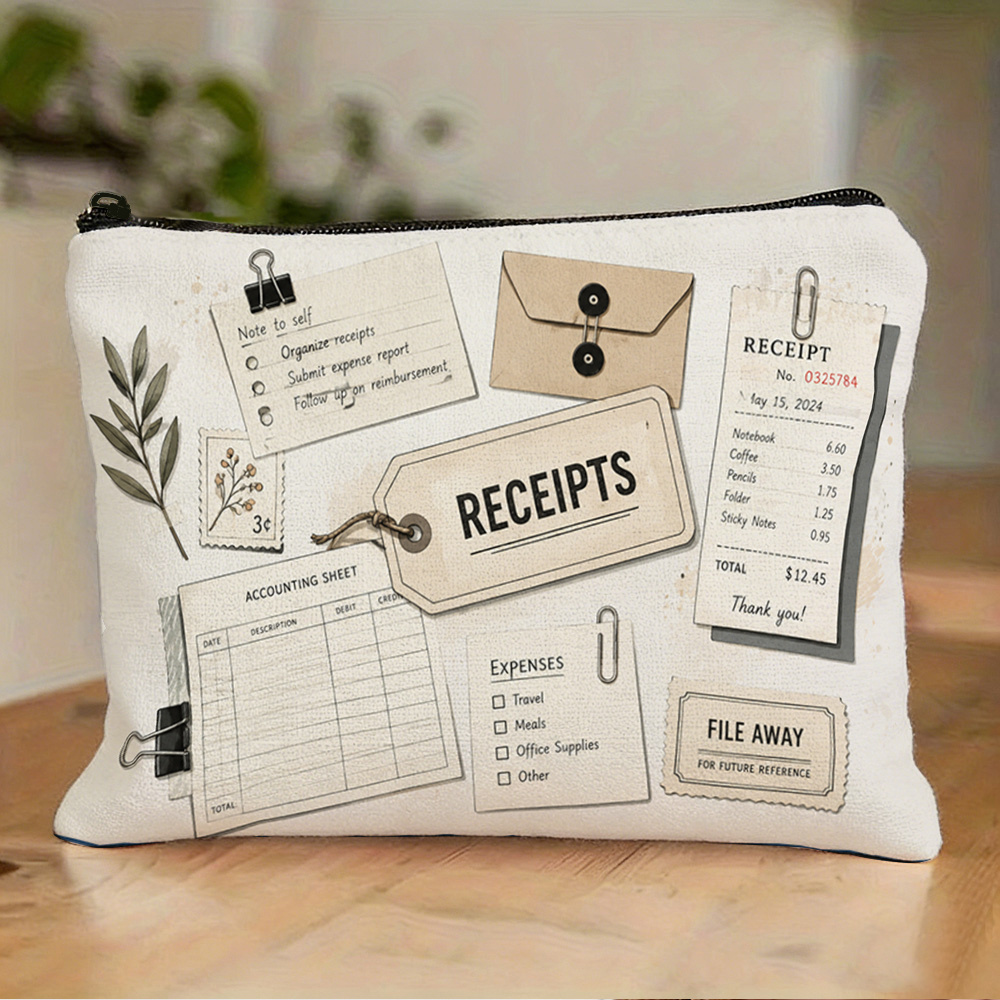 TEMU Nouveau sac de rangement en toile avec impression de reçus vintage, sac à Cosmétique et accessoires avec fermeture éclair style autocollant de