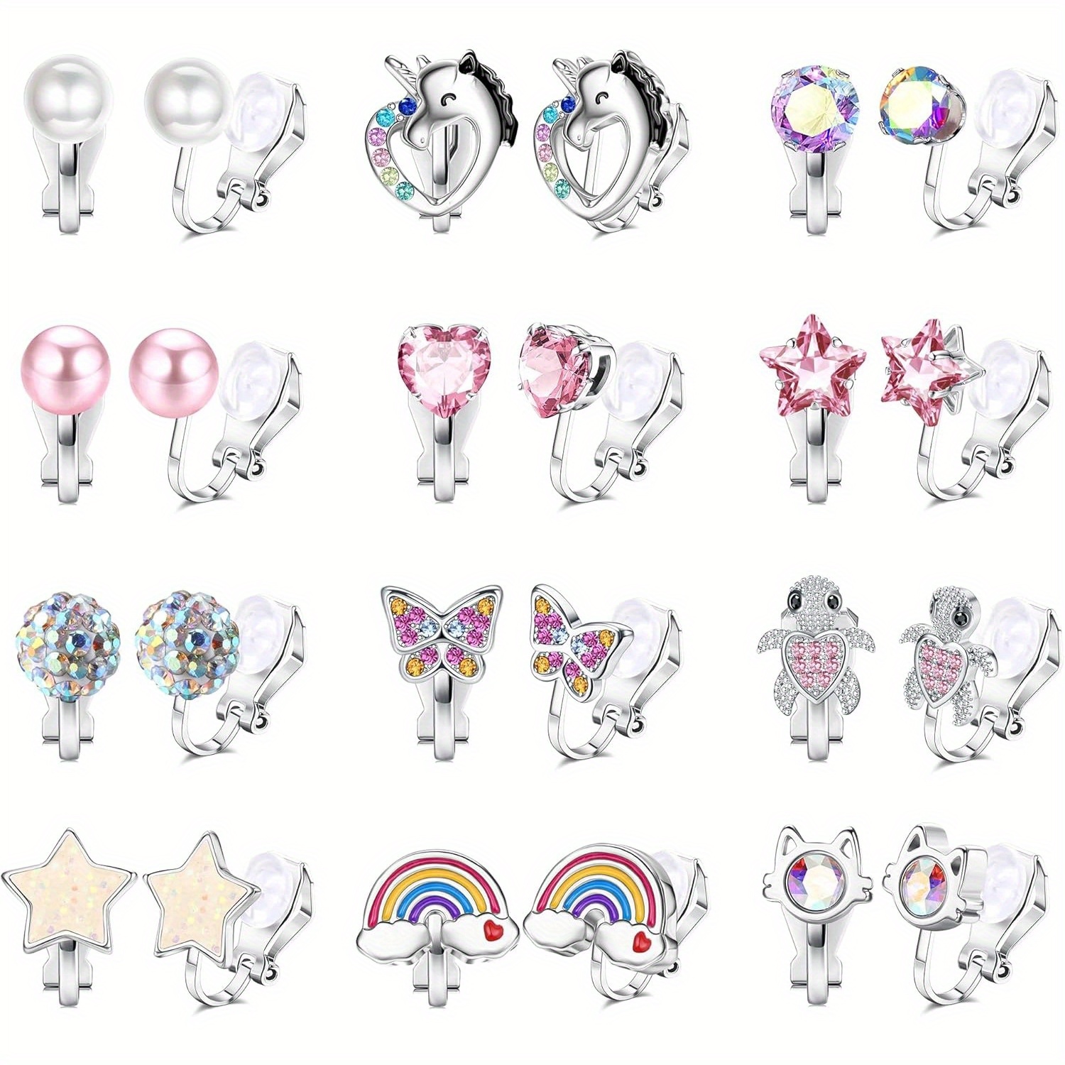 Image of 12 Pairs Clip On Earrings For Women Cute Cz Turtle Clip Earring Hypoallergenic Fake Clip-on Stud Non Pierced Earrings Set Multicolored Silvery
