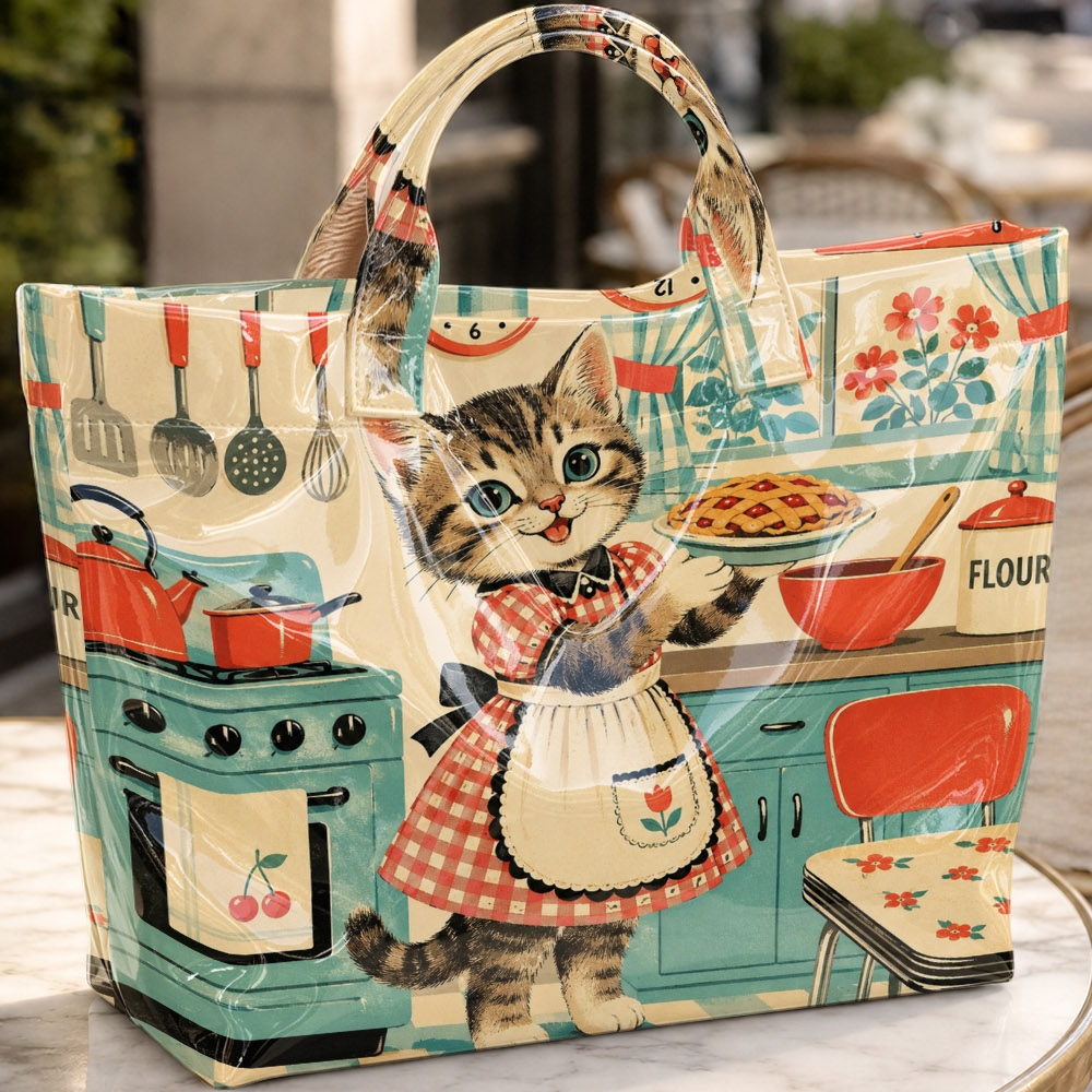 TEMU 'plaid Skirt & Retro Kitchen Kitten Print' Large-capacity Casual Tote Bag - Perfect For Summer , Beach Trips, Picnics, , And Daily .