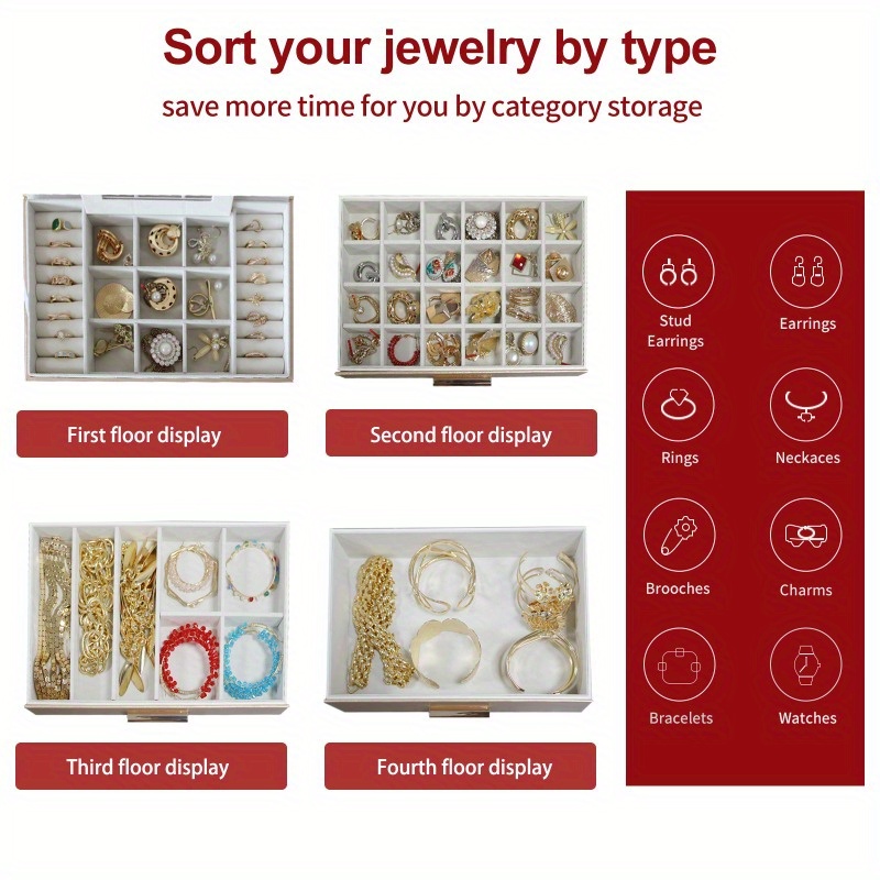 BOOVO Advanced 4-layer Jewelry Box -3-layer Drawer Large Capacity Storage - Transparent Window Design - Suitable for Displaying and Storing Jewelry - Built-in Flip Mirror - Equipped with Necklace Hook - Multifunctional Faux Leather Jewelry Box