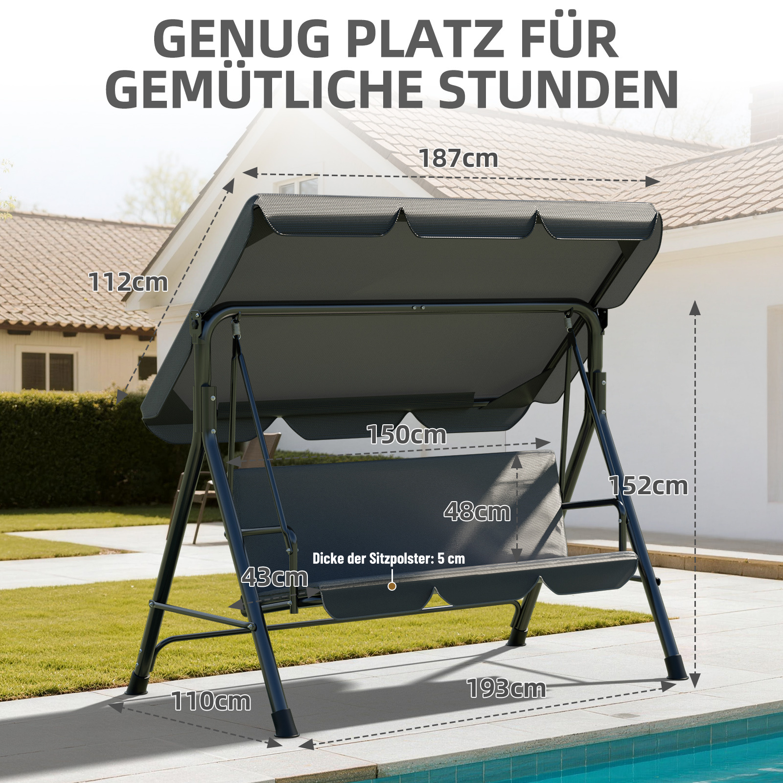 Ezmbl 3-seater Garden Swing With Padded Bench And Sun Canopy In Steel And Polyester