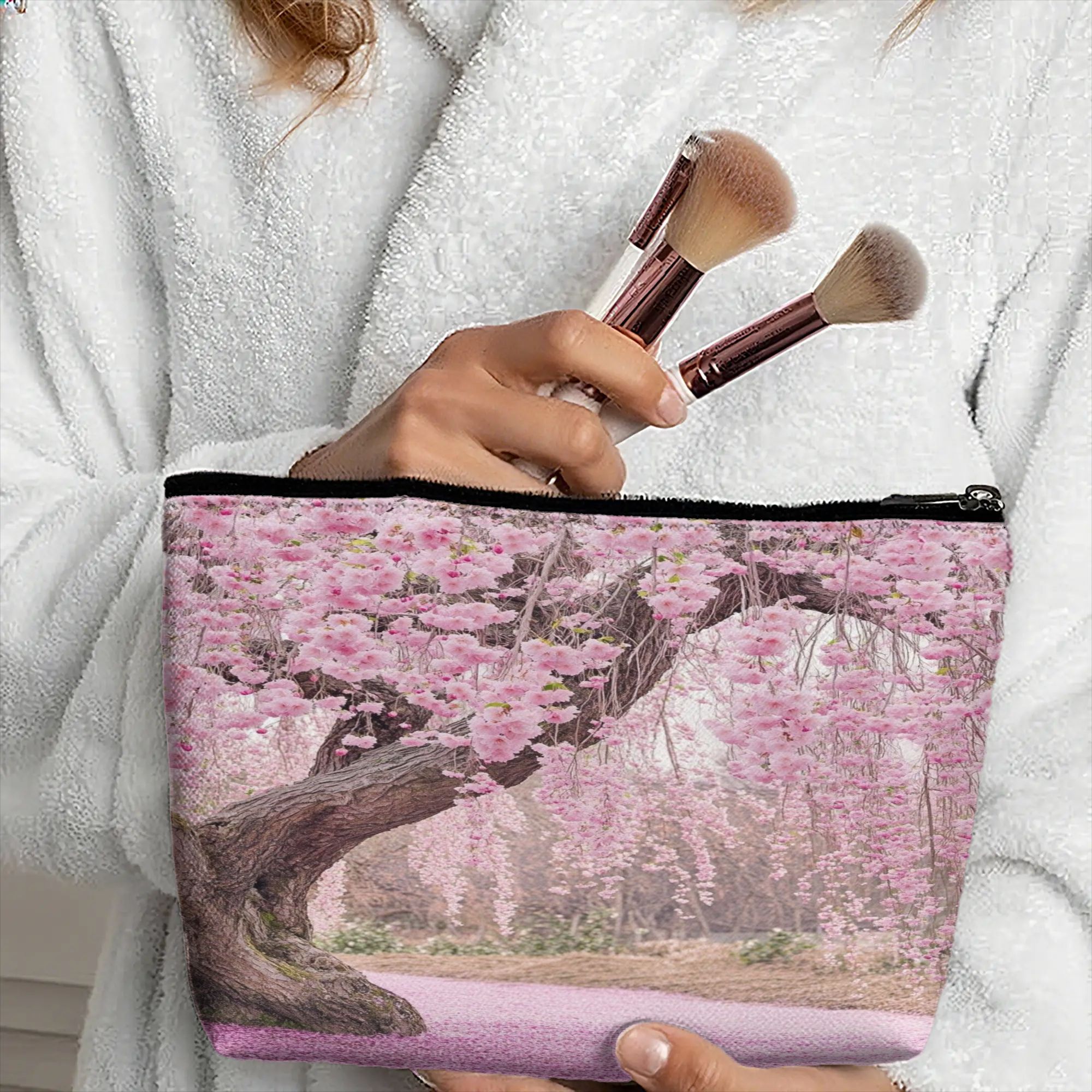 눈물 흘리는 벚꽃 꽃잎 통로 메이크업 가방, 재미있는 디자인의 2D 평면 패턴, 세면도구 및 화장품 보관에 이상적, 문구류 파우치, 외출용 핸드백, 여성용 화장품 가방