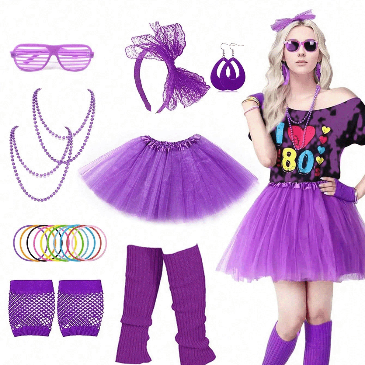 TEMU 1980s Retro Costume Set 8pcs - Tutu Skirt, Fishnet Gloves And Additions - Perfect For 80s Themed Parties, Halloween, And ! Makeup Style Clothing