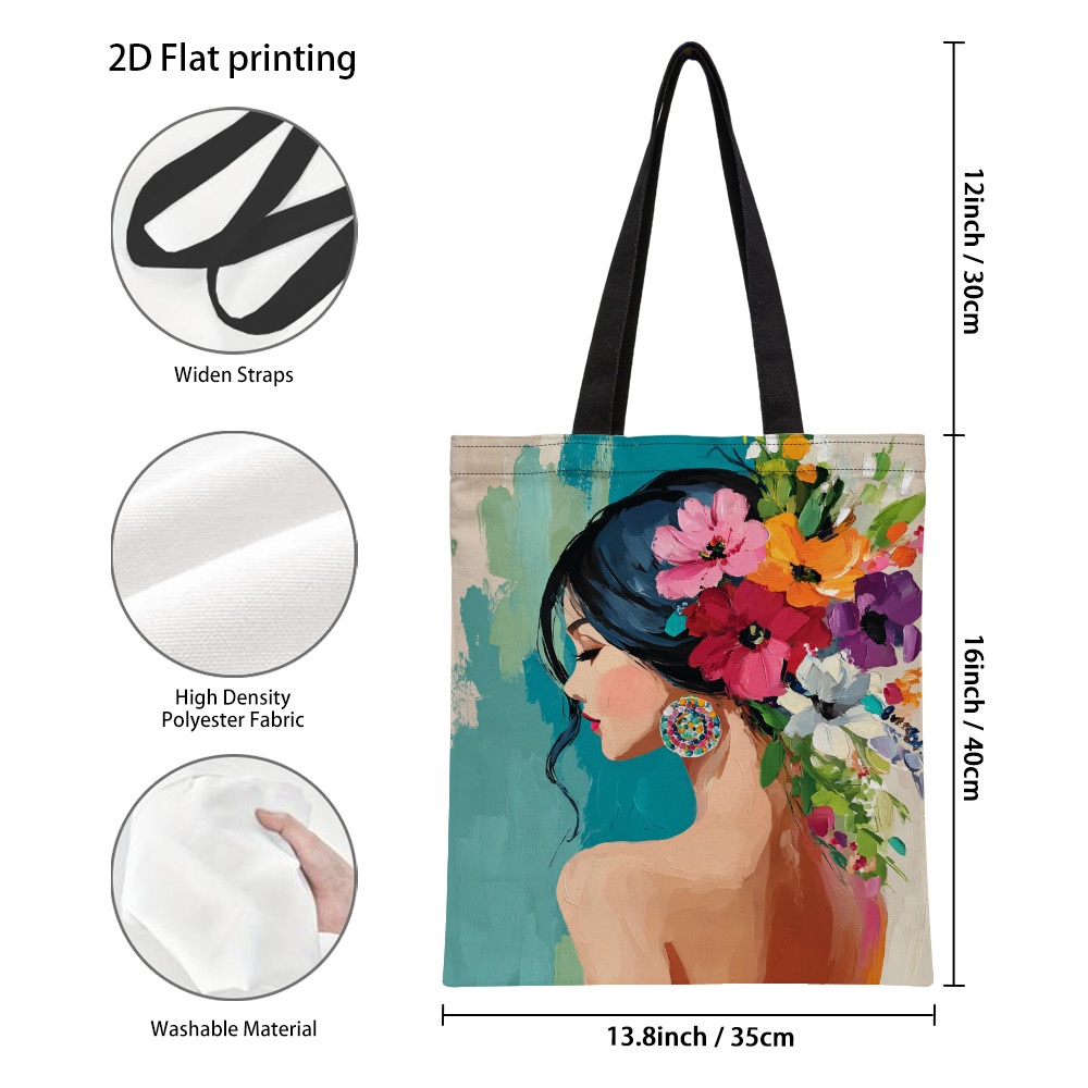 TEMU 1pc Vibrant Floral Portrait Art Double-sided Print Tote Bag - Reusable Grocery Bags With Durable Handles, Spacious Polyester Handbag For