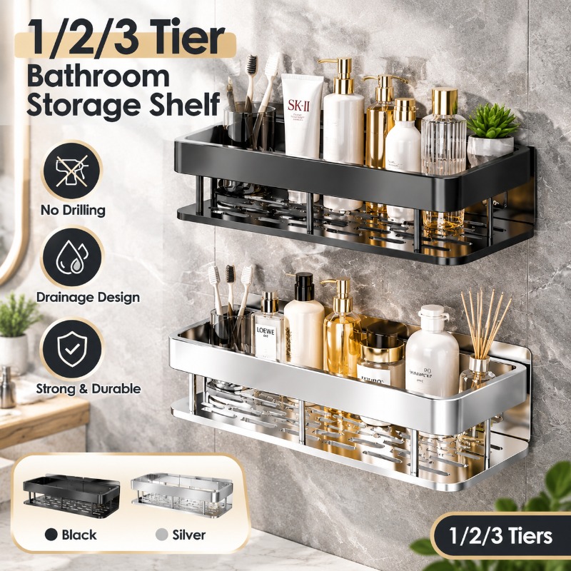 1/2/3 Tier Wall Mounted Bathroom Storage Shelf, Black & Silvery No Drill Shower Caddy, Bathroom Organizer for Shampoo, Towels, Bathroom Additions, Kitchen
