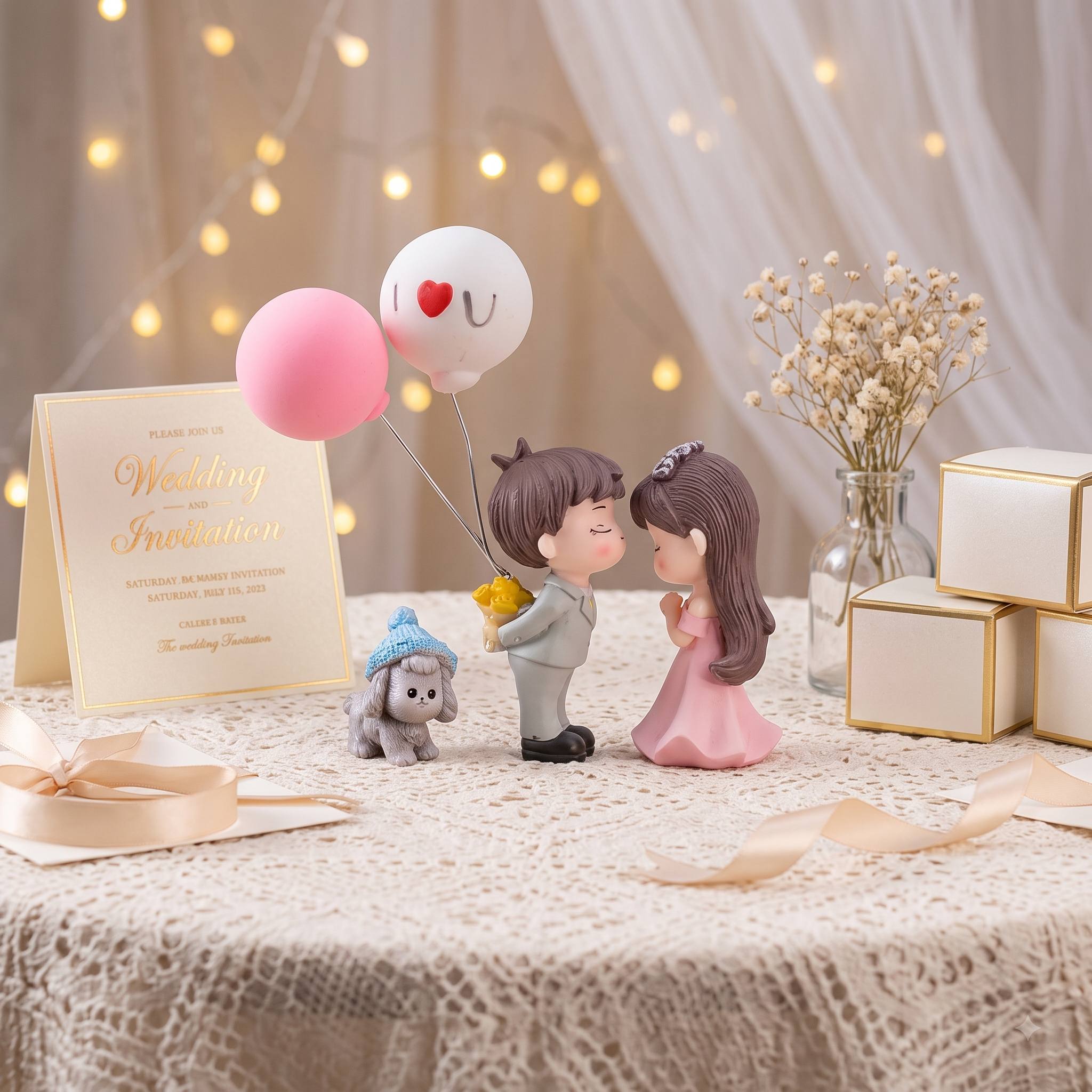 TEMU 3pcs Set Of Romantic Wedding Couple Mini Resin Ornaments, Groom And Bride Miniature Statues, With Balloons, Cute Puppy Kitten Small Animal