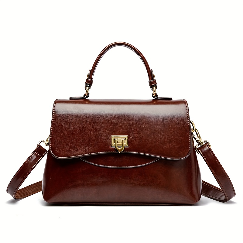 TEMU Women's Genuine Leather Messenger Bag - Professional Handbag With Golden-tone Hardware & Secure Clasp Closure, Vintage Work & Travel Purse,
