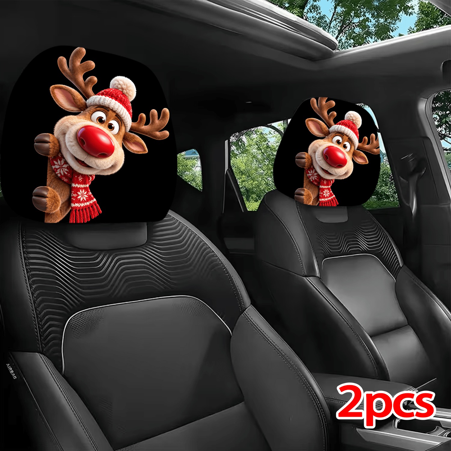 TEMU 2pcs 2d Printing Cute Cartoon Reindeer With And Scarf Design Car Headrest Covers, Elastic Universal Installation Interior Additions, Fun Decor,