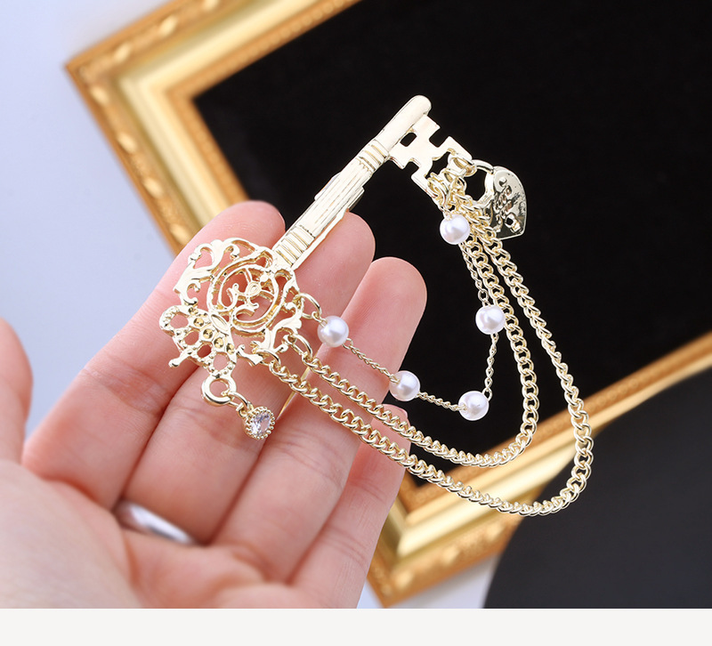   elegant key shaped brooch with rhinestones irregular pearl and chain tassel fashion korean style trendy pin accessory for women and men details 3