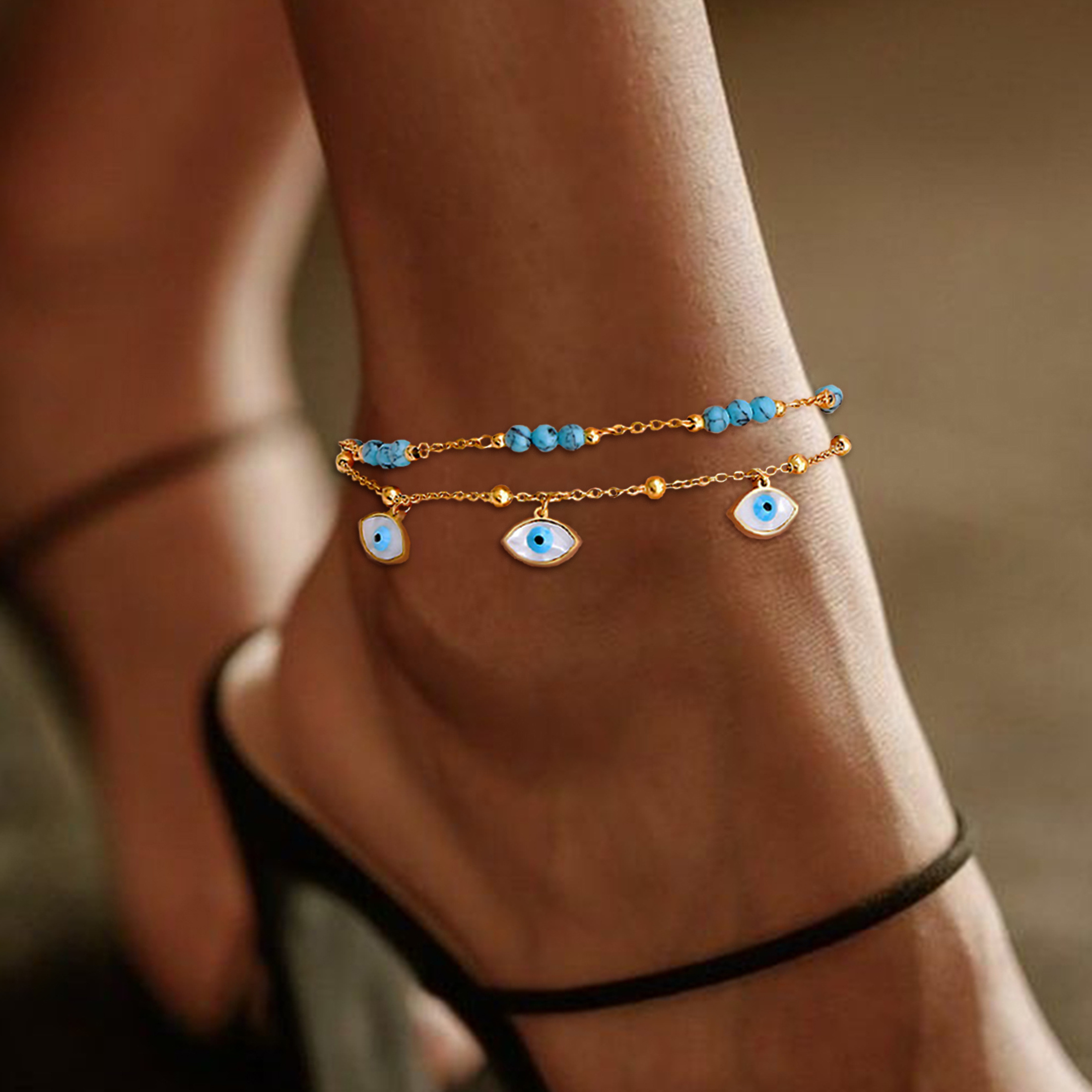 Image of Golden Turquoise Evil Eye Anklets For Women Bohemian Style Layered Beaded Anklet Set Fashion Foot Jewelry For Beach Vacation And Gift