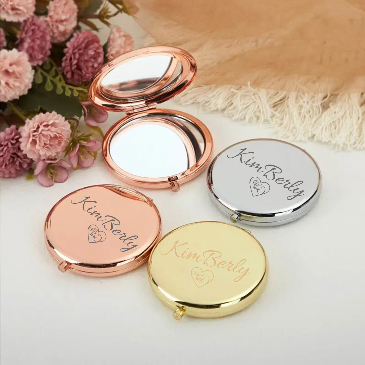 Custom Engraved Personalized Mirror, 1pc, Stainless Steel, Foldable, No Battery Required, Fragrance-Free, Ceramic Finish, Floral Theme, Perfect for Bridesmaids Gifts, Wedding Party Favors, Vanity Table Stand