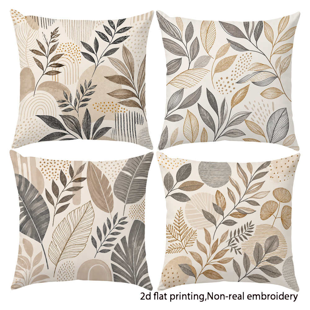 TEMU Juego de 4 fundas de cojín decorativas bohemias minimalistas abstractas botánicas con temática de y hojas, estampado 2D, estampado a una cara,