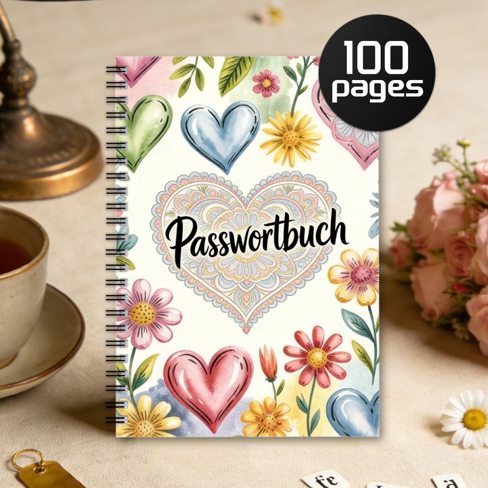 E-shop Lustiges deutsches Passwort-Notizbuch, Internet-Website-Login-Adress-Manager, deutscher Passwort-Manager mit Herz- & Blumen-Design für