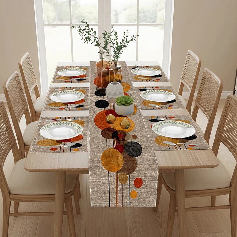 TEMU 7pcs Orange-brown Polka Dot Print Table Runner And Placemat Set, Modern Minimalist Style, Home Decor, Suitable For Holiday Parties, Dining