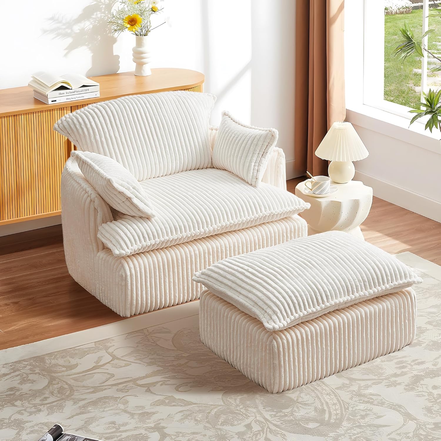 108cm Accent Chair With Ottoman, Corduroy Modern Comfortable Reading Chair, Compact Recliner Chair, For Living Room, Bedroom, Office