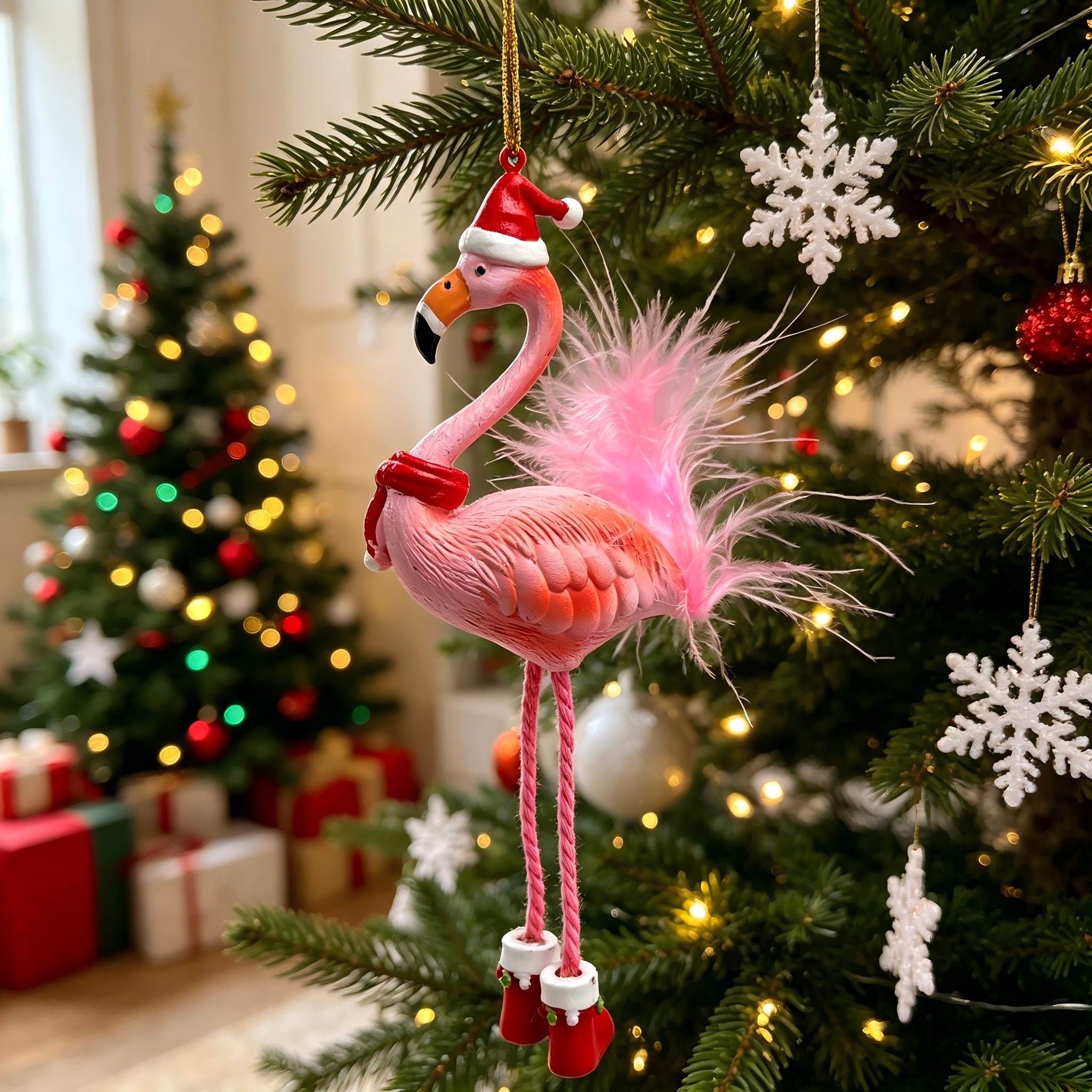 TEMU Christmas Flamingo Ornament, Resin Pink Flamingo Christmas Tree Hanging Decoration With Santa Hat Scarf And Feather Tail, Tropical Xmas Ornament