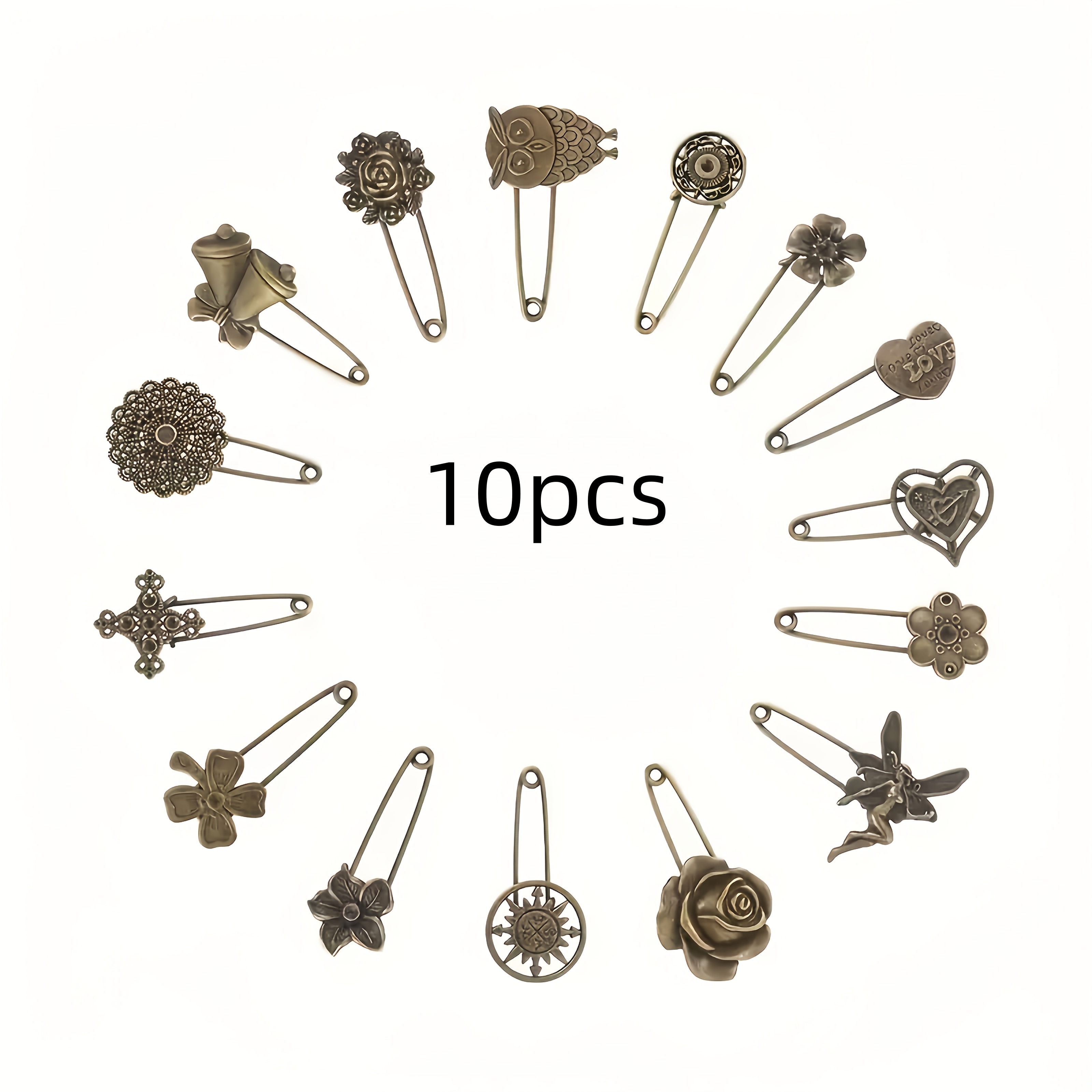 TEMU 10pcs Set Of Creative Safety Pins, Handmade Metal Jewelry, Clothing Accessories, Brooches.
