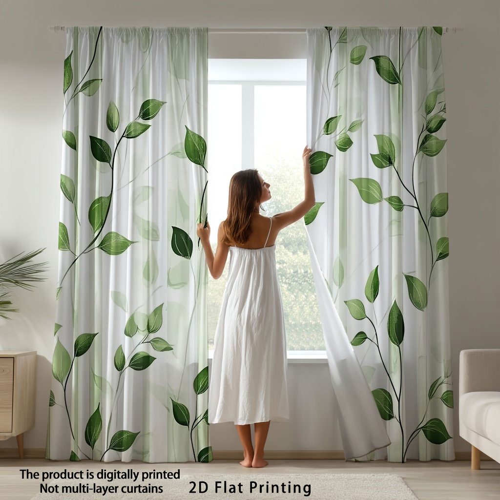 TEMU 2d Flat, 2d Flat- 2d Flat- Set Of 2, Flat Printed Curtains In Sage Green Featuring Boho Leaves And Branches, Suitable For A Living Room With A