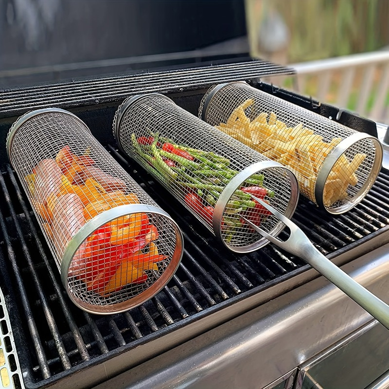 3-teiliges Edelstahl BBQ-Grillset - Tragbare Outdoor-Kochkörbe für Gemüse & Snacks, Rundes Feuerstelle-Rack, Ideal für Camping & Grillen, Grillzubehör für den Außenbereich