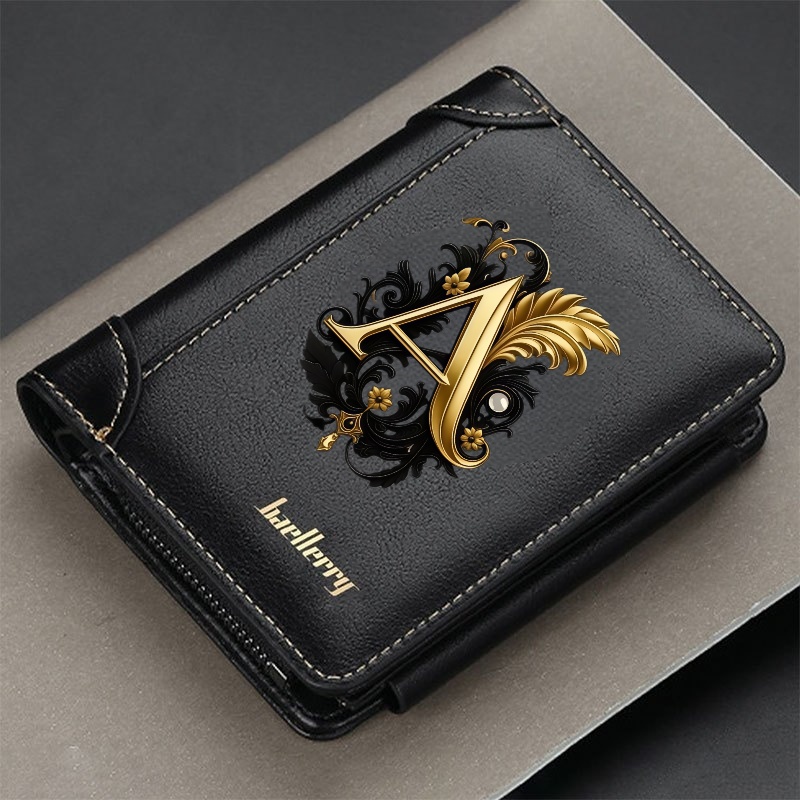 TEMU [bifold, Ideal For Everyday Use] Men's Faux Leather Wallet 1pc | A-z Initial Golden Color Printed, Compact Card Holder, Zippered Coin