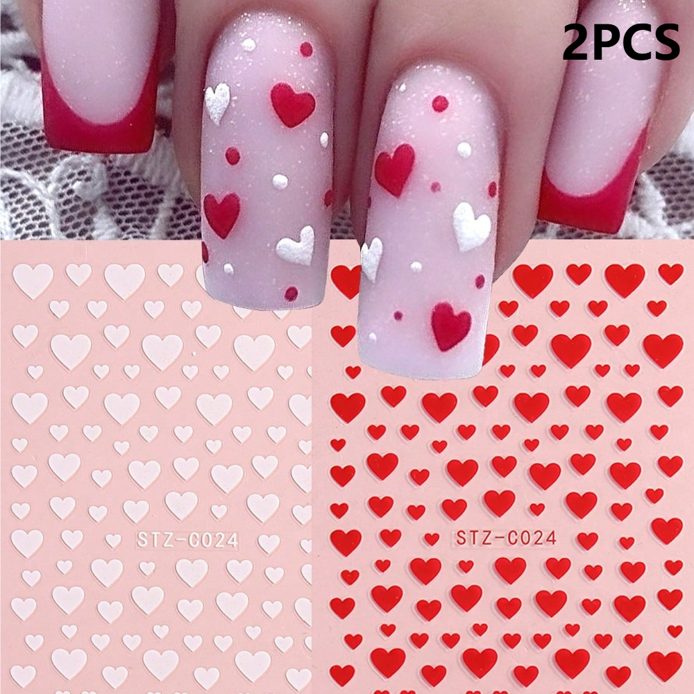 Set Of 2 Valentine's Day Nail Decals, Self-adhesive Stickers In White And Red Heart Designs