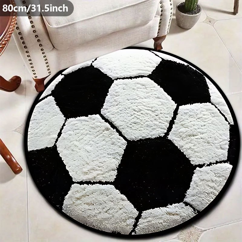 TEMU 1pc Round Football Mat - Made Of 100% Polyester, Non-slip And Washable, Suitable For Decorating Living Rooms, Bedrooms, And Offices, Machine