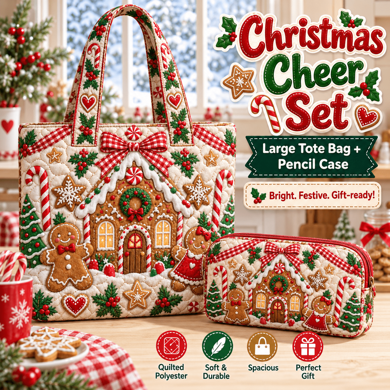 TEMU 2pcs Women' Gingerbread Christmas Village Quilted Tote Bag & Matching Zipper Pouch - Large Cottagecore Carryall With Gingerbread Print,