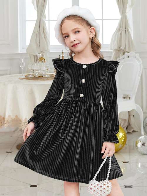 IBAKOM Girls Velvet Dress - Long Puff Sleeve, Round Neck With Bow Tie, Ruffle Party Dress For IBAKOM Girls Velvet Dress - Long Puff Sleeve, Round Neck With Bow Tie, Ruffle Party Dress For