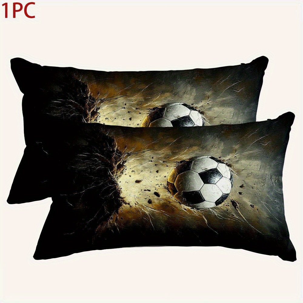 TEMU 1pc Vintage Football Art Throw Pillow Cover - Double-sided Print With Soccer Ball & , Black Polyester, Machine Washable, Zip Closure, Ideal For