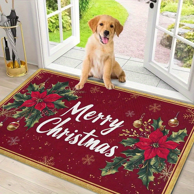 TEMU 1pc Indoor Entrance Welcome Doormat {merry Christmas And Poinsettia Flower Pattern} Flannel Nonslip Comfortable Easy For Bedroom Living Room Or