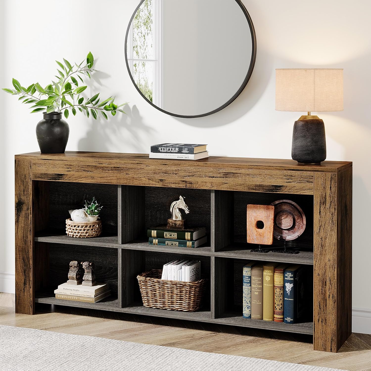 63-inch Modern Rustic Industrial Console Table With 6- Storage - Wood & Oak Narrow Sofa Table Suitable For Behind Couch, Entryway, Hallway - Assembly, Space-