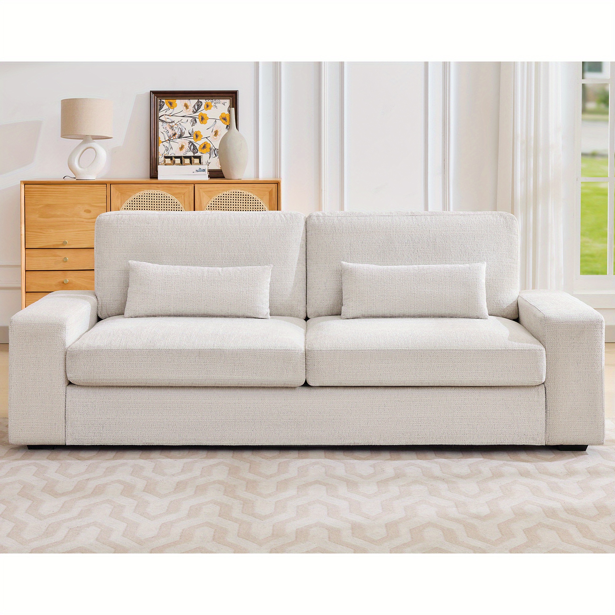 Papajet 220cm 3-seater Beige Chenille Sofa - Deep Seat With Wide Armrests And Easy Assembly For Living Room, Bedroom
