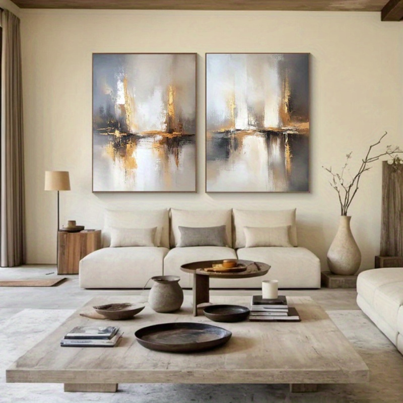 2pcs Impressionist & Minimalist Abstract Cityscape Oil Painting Set - Hand-Painted Beige & Golden Tone Large-Scale Inspired Canvas Wall Art Panels (Unframed) for Modern Living Room, Bedroom, Office Decor - Neutral Palette Luxury Paintings