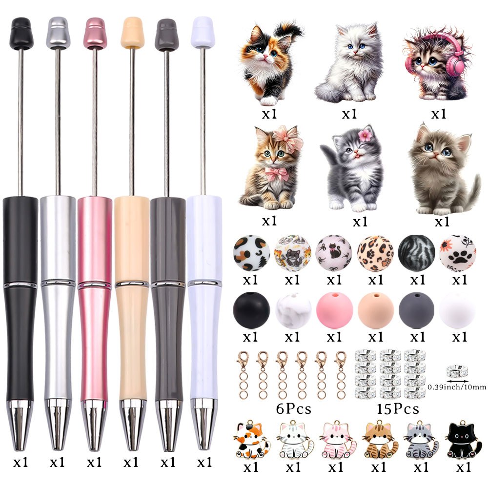TEMU Lot de 6 kits de fabrication de stylos à bille perlés à faire soi-même, kit de fabrication de stylos sur le thème du chat , breloques de chat en