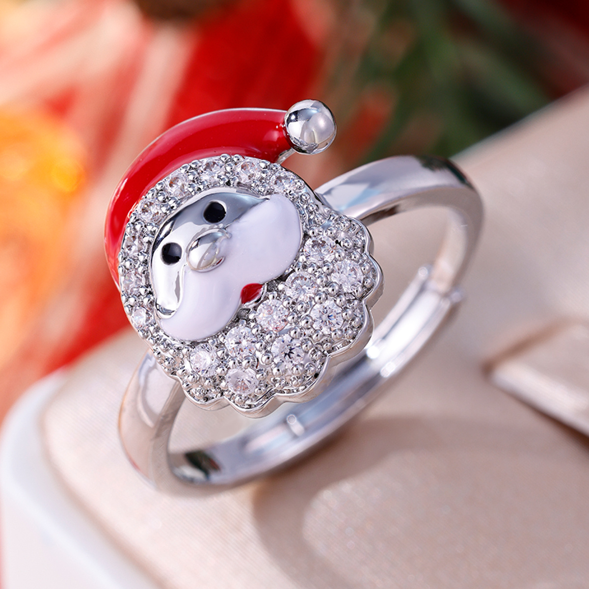 Copper Santa Claus Design Open Ring with Zirconia, Festive Jewelry
