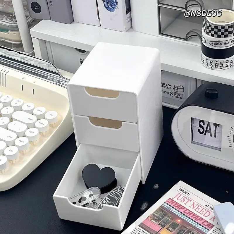 TEMU Random 1pc Cosmetic Storage Box With Handle, 3-tier Stackable Plastic Organizer - Lightweight Independent Jewelry, Makeup, Office And Bathroom