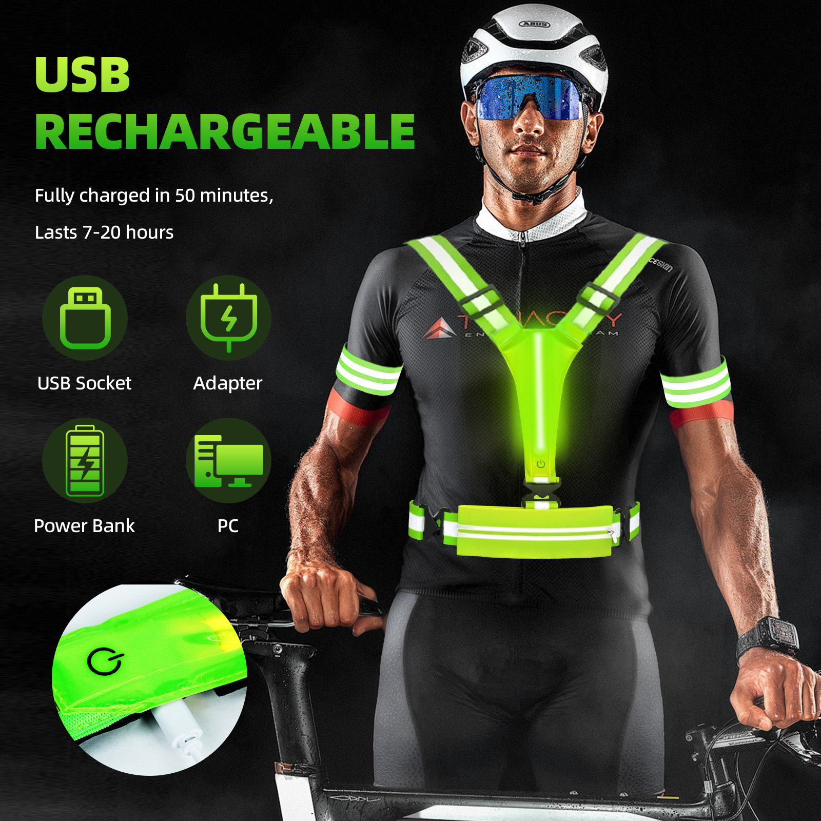 LINLI High Visibility LED Reflective Running Vest For Runners Adjustable Elastic Safety Warning Lights For Night Walking