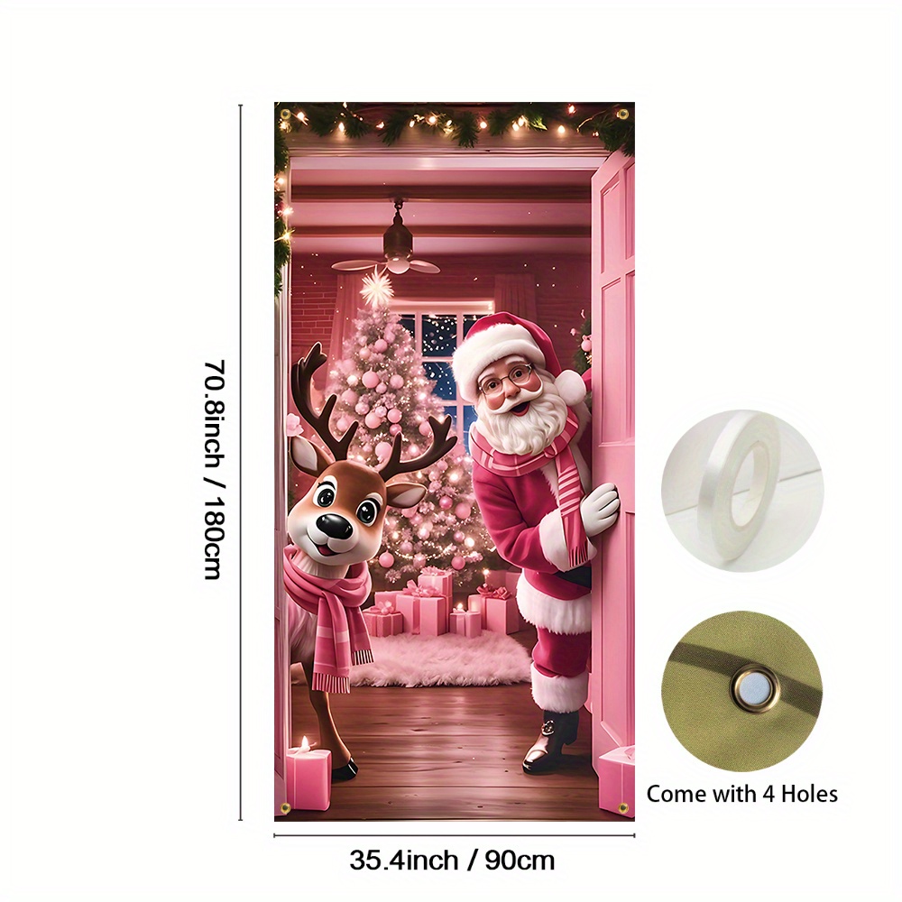 TEMU Bannière de porte 2D , Bannière de porte rose Père Noël et , Bannière de porte de carnaval, Rideau de porte de décoration de fête de des fêtes,
