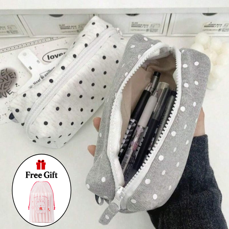 TEMU 2pcs Set (1pc Sweet Polka Dot Pencil Case And 1pc Free Strawberry Rabbit Pouch) 1pc Sweet Polka Dot Pencil Case, Fashionable Black And White