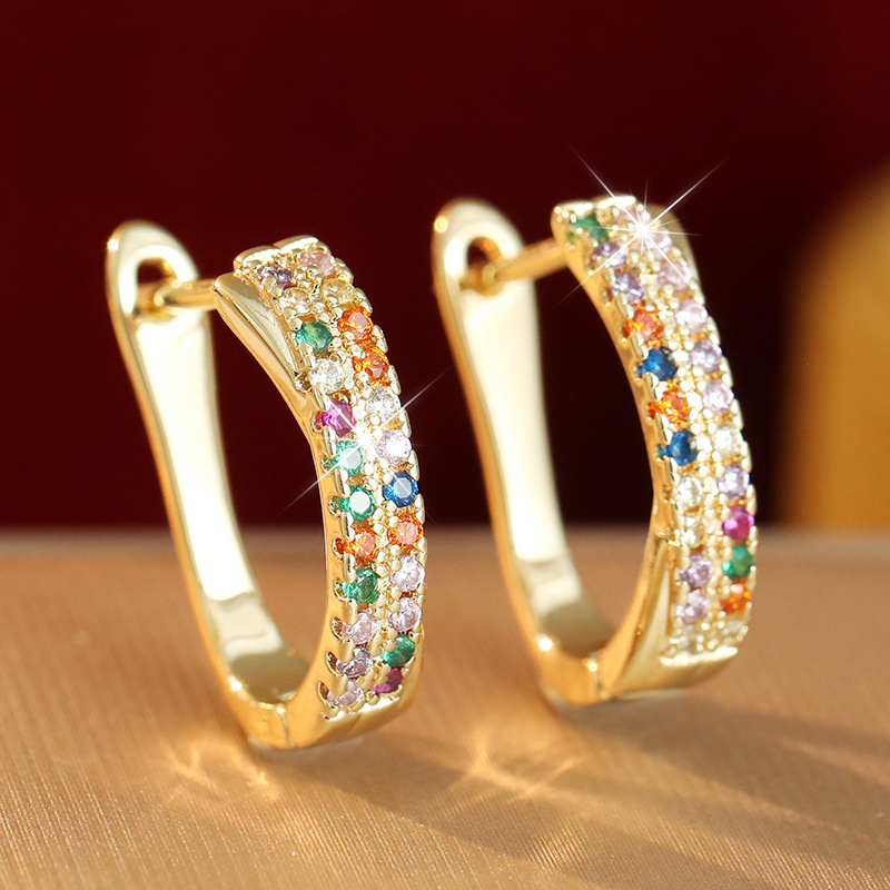 Women's Luxurious U-Shaped Earrings with Colored Zirconia