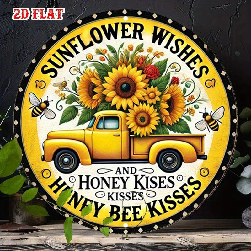 1ks Metal Wall Decor Sunflower & Bee Truck With Honey - rustikálny žltý kvetinový včelársky nápis - Heavy-duty Iron Round Decoration For Kitchen,