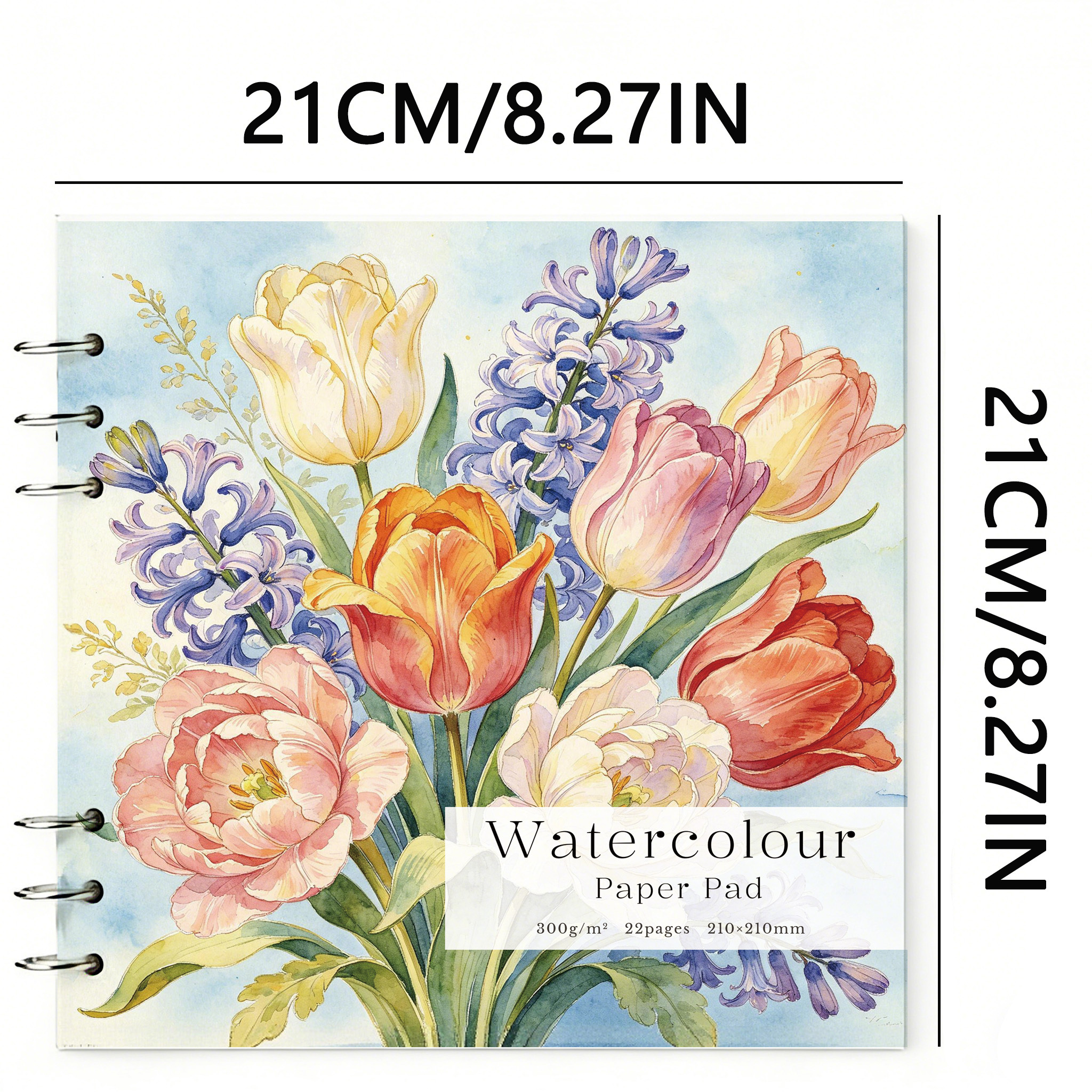 TEMU Vintage Floral Ring Binder Loose Leaf Watercolor Pad, 8 Styles, 21×21cm, 300gsm, 22 Sheets, Square Detachable Watercolor Sketchbook,