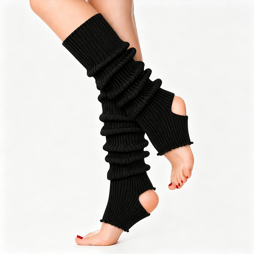 TEMU 1 Pair Women's Ribbed Stirrup Leg Warmers, Open Heel Calf Sleeves With Lettuce Edge Trim, Stretchy Dance Warmers For Ballet, Y2k Street Style &