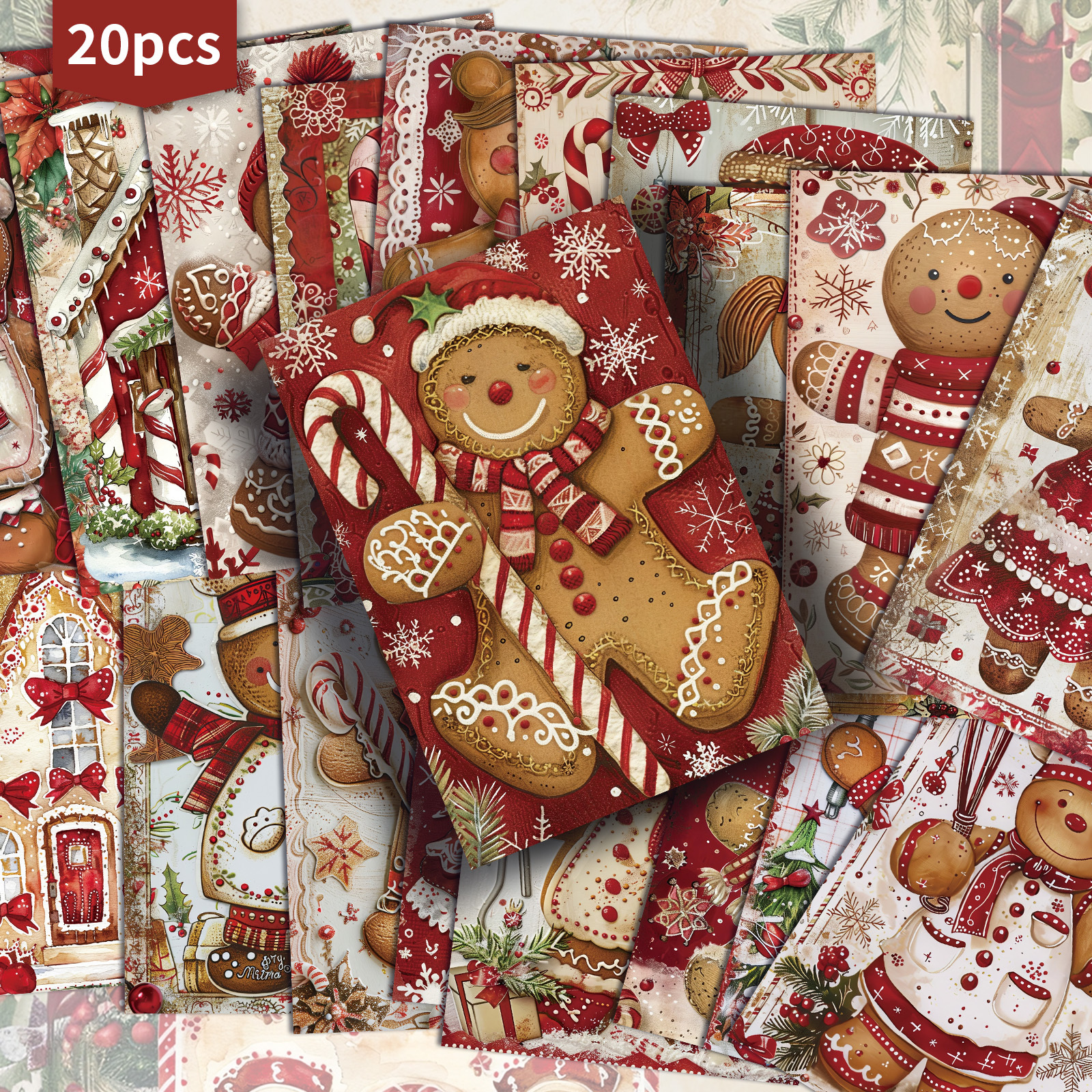 TEMU Set Of 20 Retro-style Christmas Gingerbread Postcards Measuring 4x6 Inches, Featuring Classic Pinup Art, Scrapbooking And Crafting