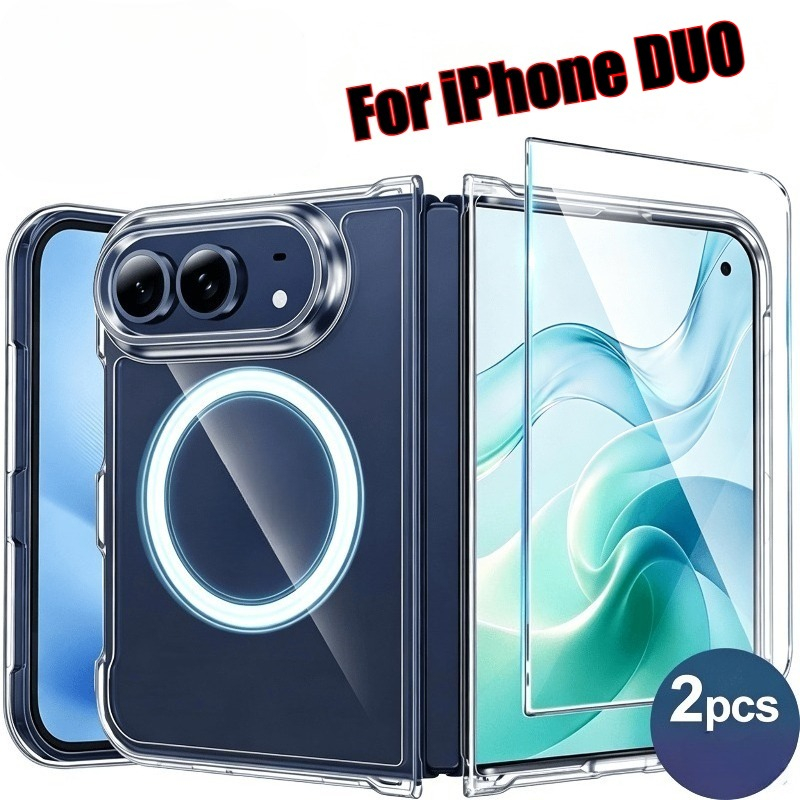 TEMU 2pcs Set, Including 1 Ultra-high Definition Tempered Glass Screen Protector + 1 Magnetic Transparent Mobile Phone Case, Suitable For Iphone Duo,