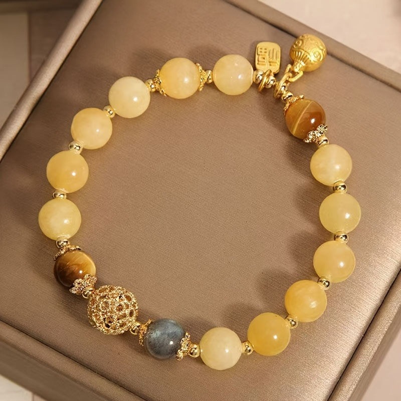 Elegant Yellow Crystal Bead Bracelet with Golden Charm- Bohemian Style, Natural Stone, Perfect for Casual Wear and Gifts